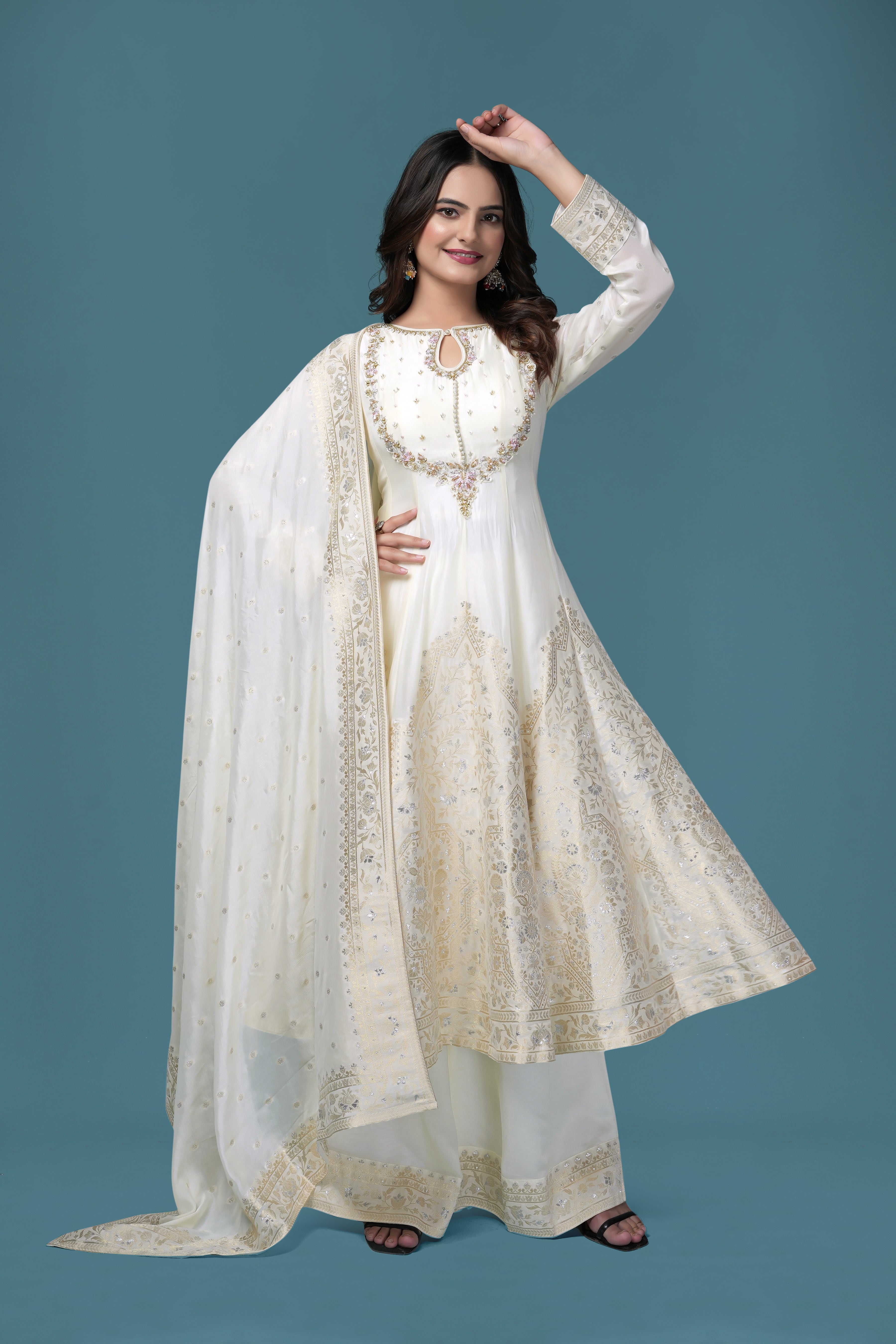 Ethereal Ivory Anarkali Suit with Exquisite Golden Embroidery S Ethereal Ivory Anarkali Suit with Exquisite Golden Embroidery S