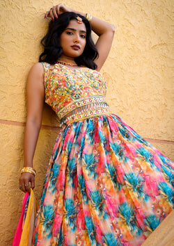 Multi Color Chinnon Silk Floral Printed Lehenga Choli