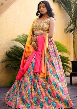 Multi Color Chinnon Silk Floral Printed Lehenga Choli