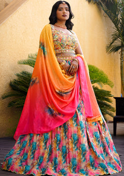 Multi Color Chinnon Silk Floral Printed Lehenga Choli