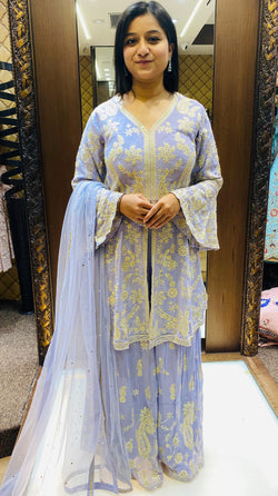 Lavender Georgette Zari With Hand Work Gharara