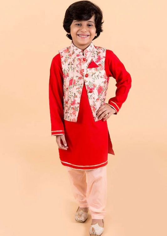 Red Color Cotton Kurta With Jacket