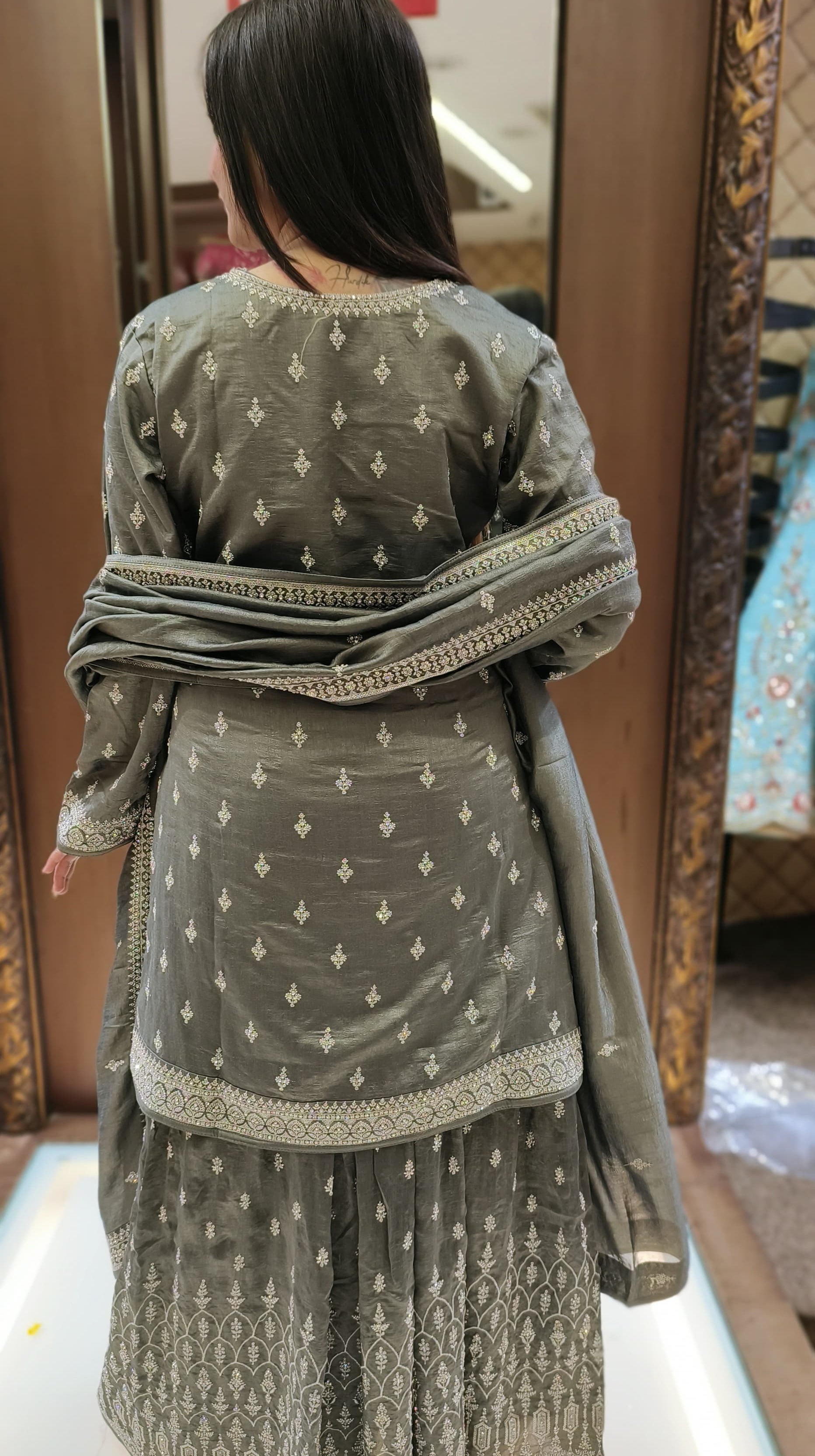 Grey Color Silk Zari Embroidered Work Palazzo Suit