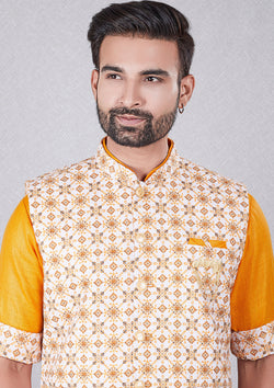 Orange Color Jacquard Silk Kurta With Nehru Jacket
