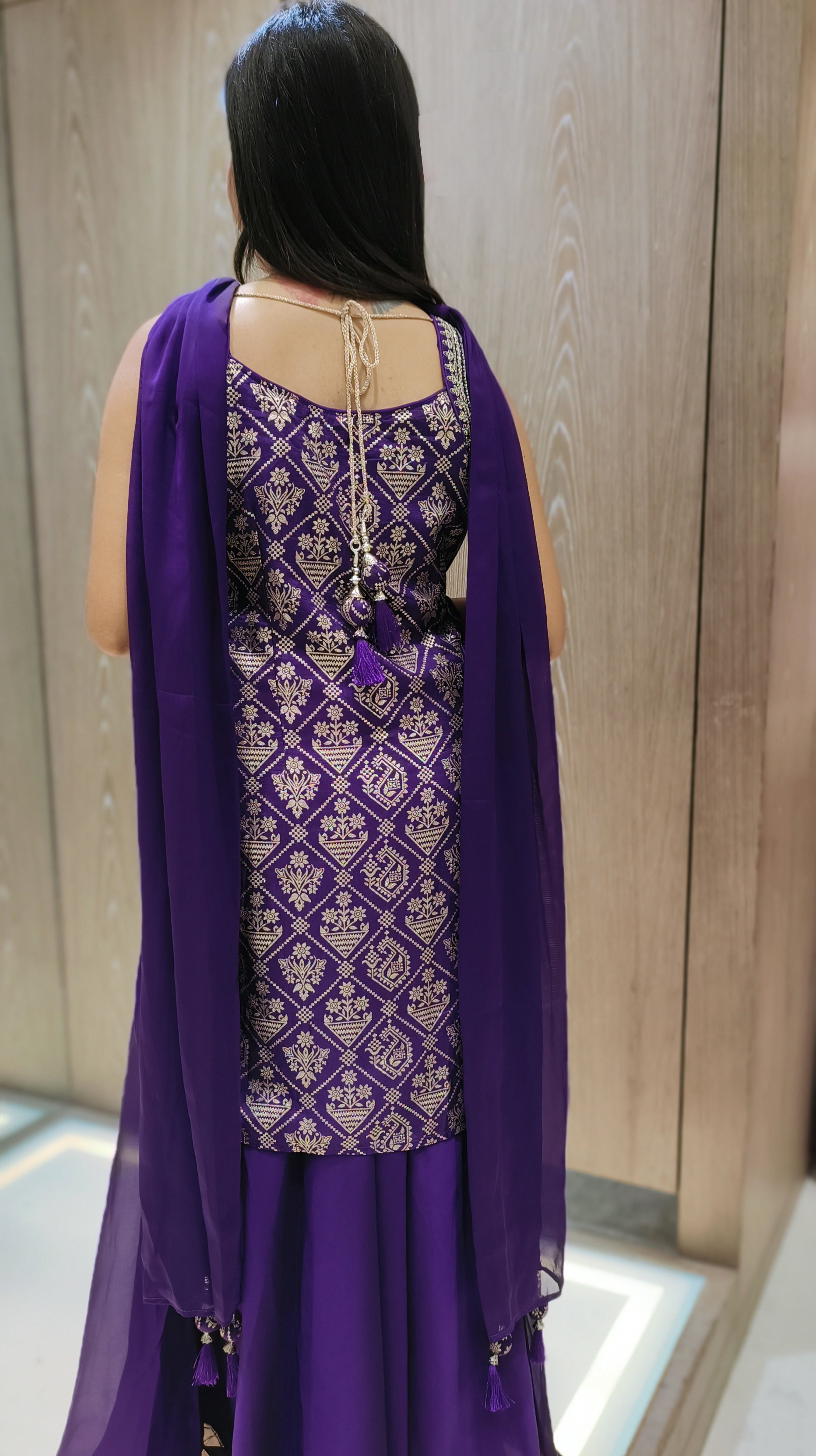 Purple Color Georgette And Silk Brocade Weaving Work Suit