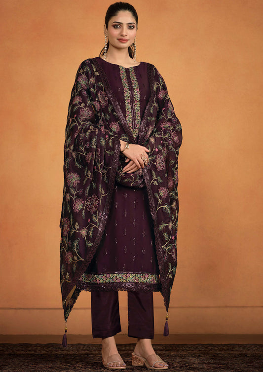 Traditional Wine Color Embroidered Georgette Suit