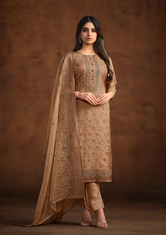 Brown Color Embroidered Organza Suit