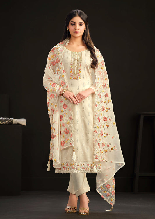 Cream Embroidered Organza Straight Suit