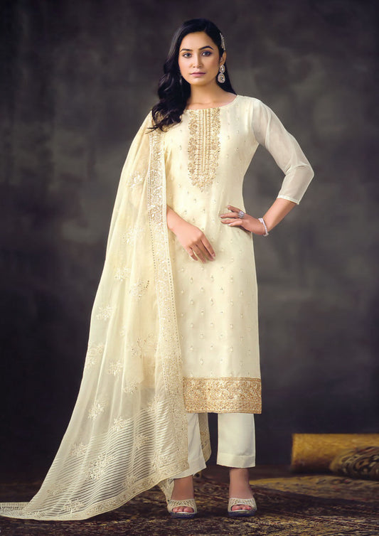 Cream Color Embroidered Organza Salwar Kameez For Traditional Occasions
