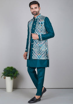Teal Color Jacquard Silk Thread Sequins Work Indo Western