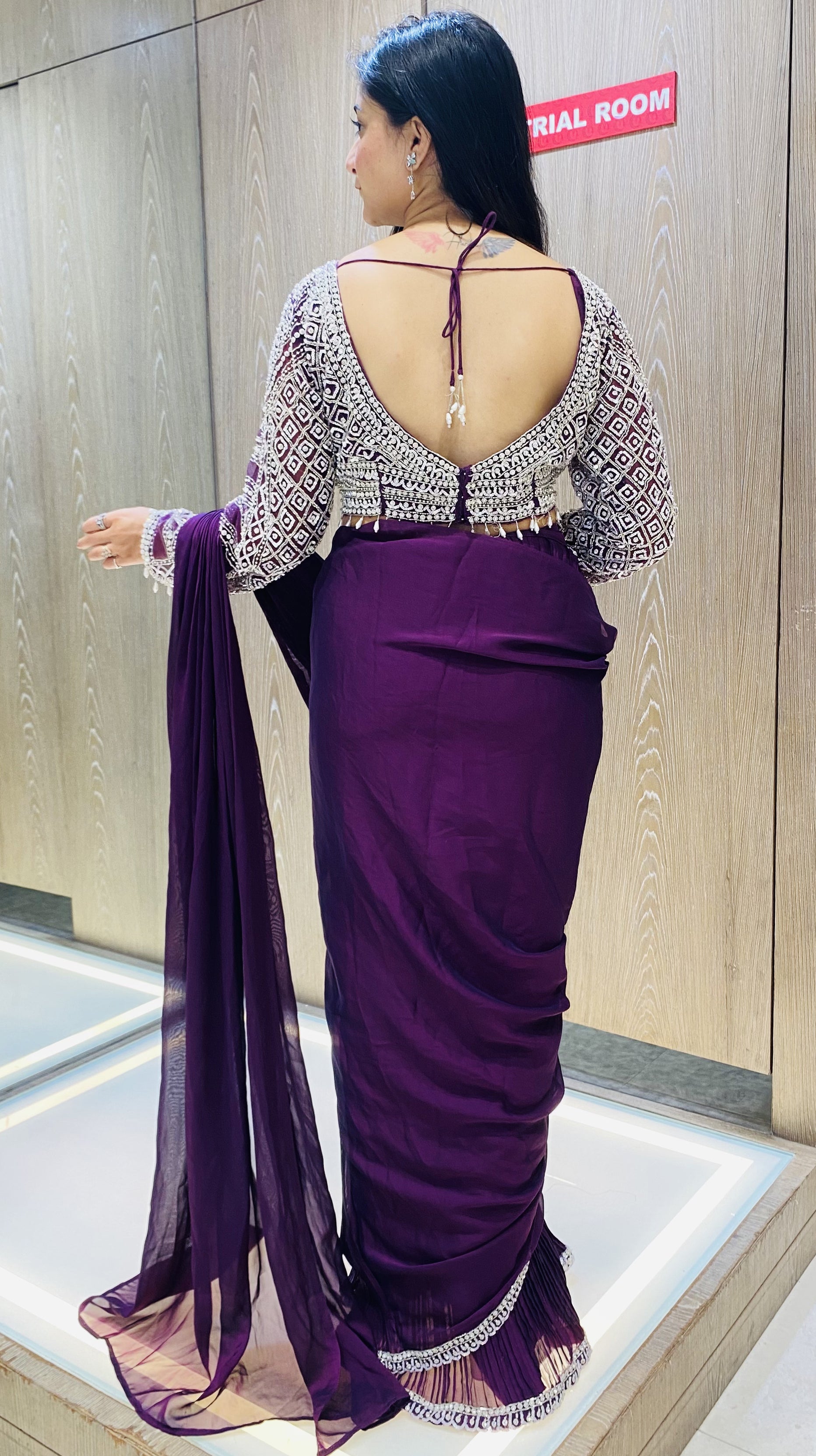 Purple Color Lycra Sequins Work Ready To Wear Saree