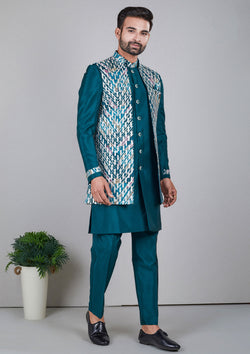 Teal Color Jacquard Silk Thread Sequins Work Indo Western
