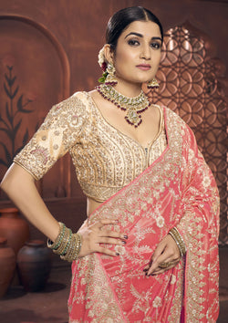 Peach Color Banarasi Tissue Zardosi Work Saree