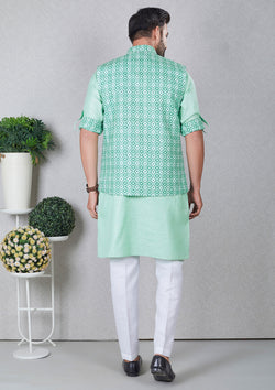 Turquoise Color Jacquard Silk Kurta With Printed Nehru Jacket