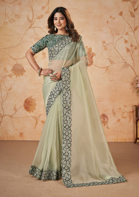 Green saree with intricate embroidery, paired with a matching embroidered blouse.