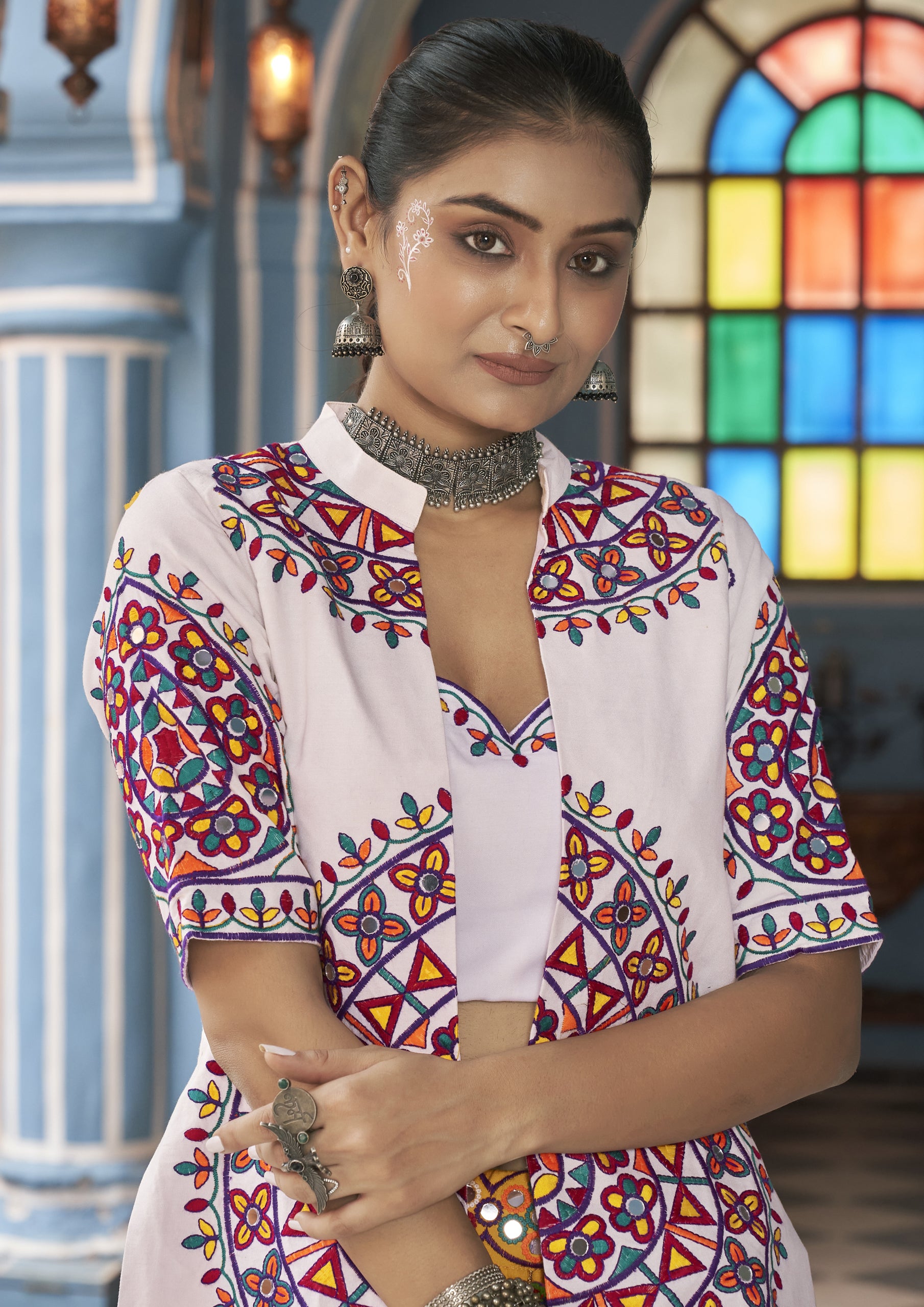 Multi Color Viscose Rayon Embroidered Navratri Lehenga With Jacket