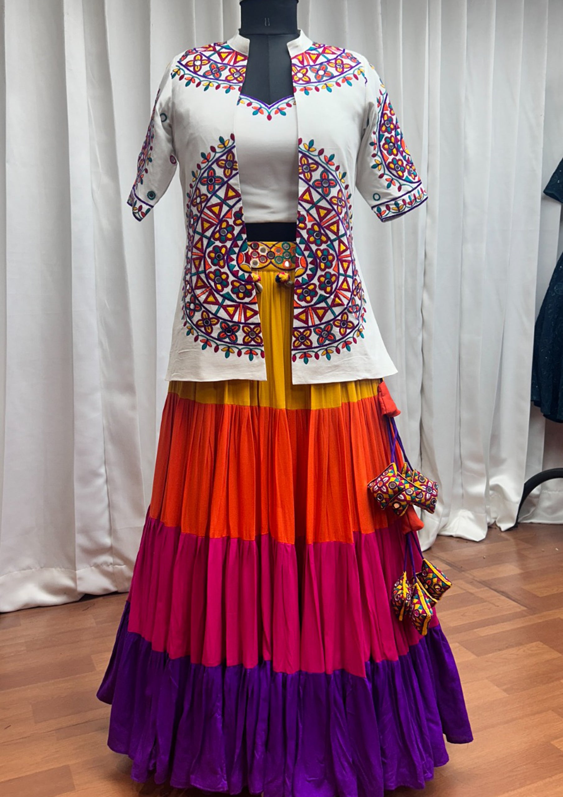 Multi Color Viscose Rayon Embroidered Navratri Lehenga With Jacket