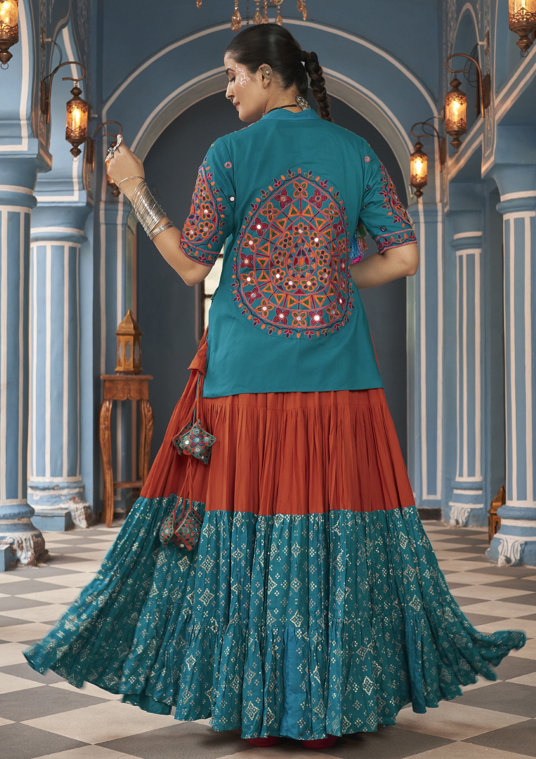 Multi Color Viscose Rayon Embroidered Navratri Lehenga With Jacket