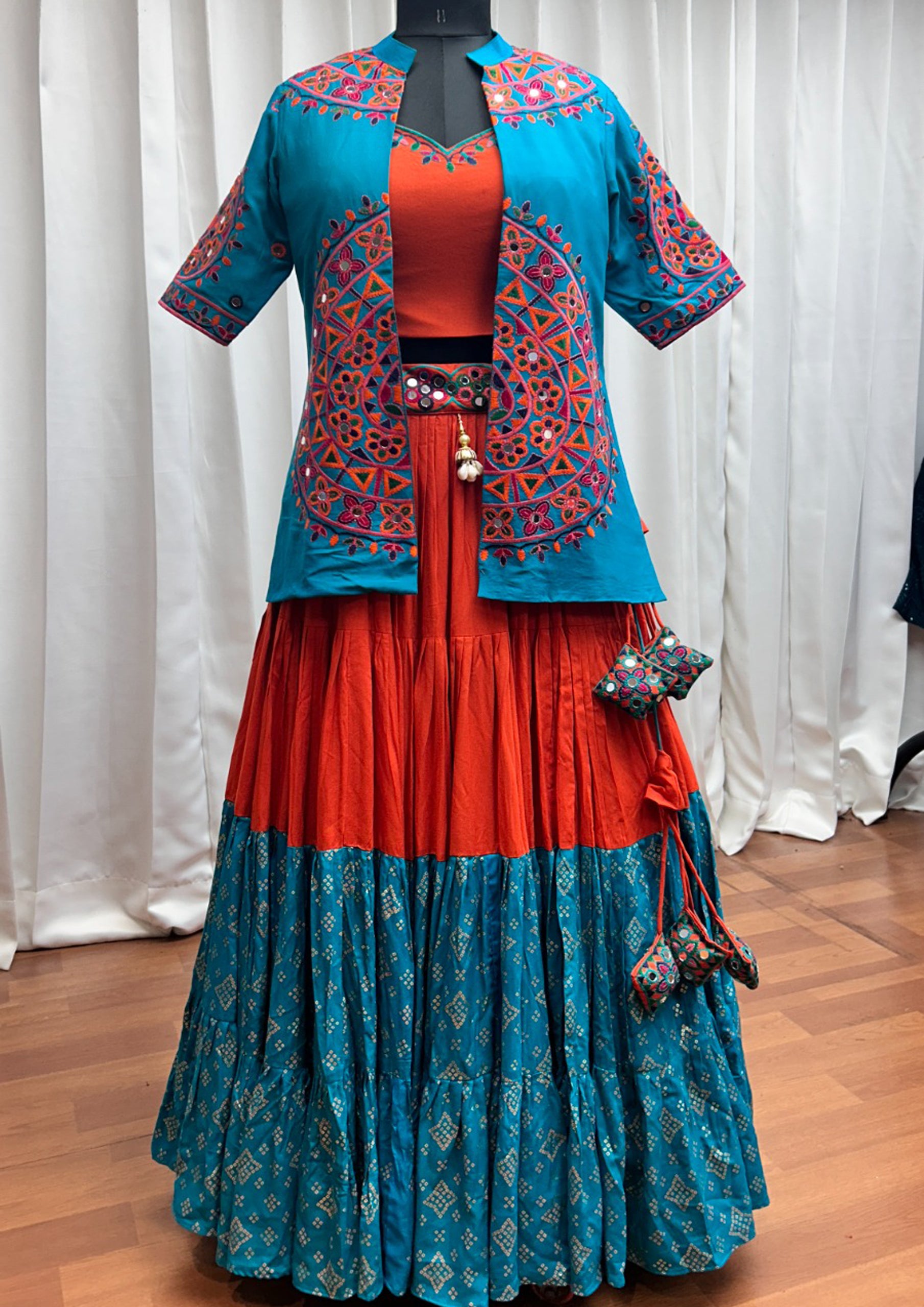 Multi Color Viscose Rayon Embroidered Navratri Lehenga With Jacket