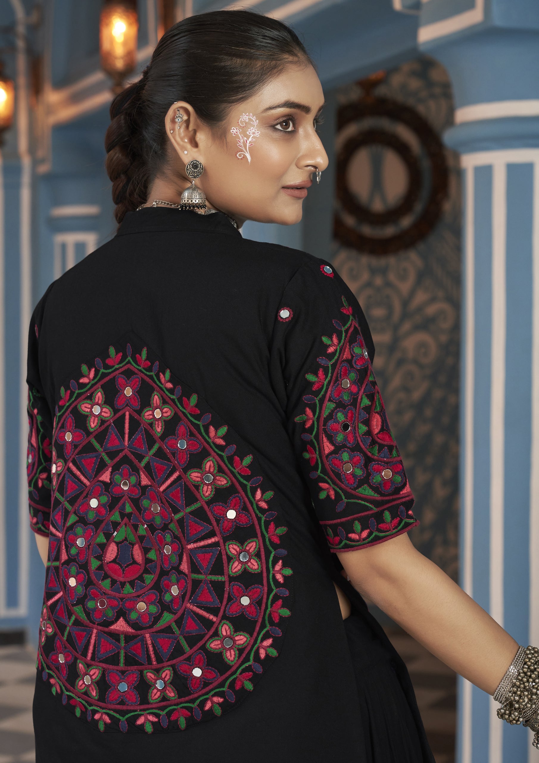 Multi Color Viscose Rayon Embroidered Navratri Lehenga With Jacket