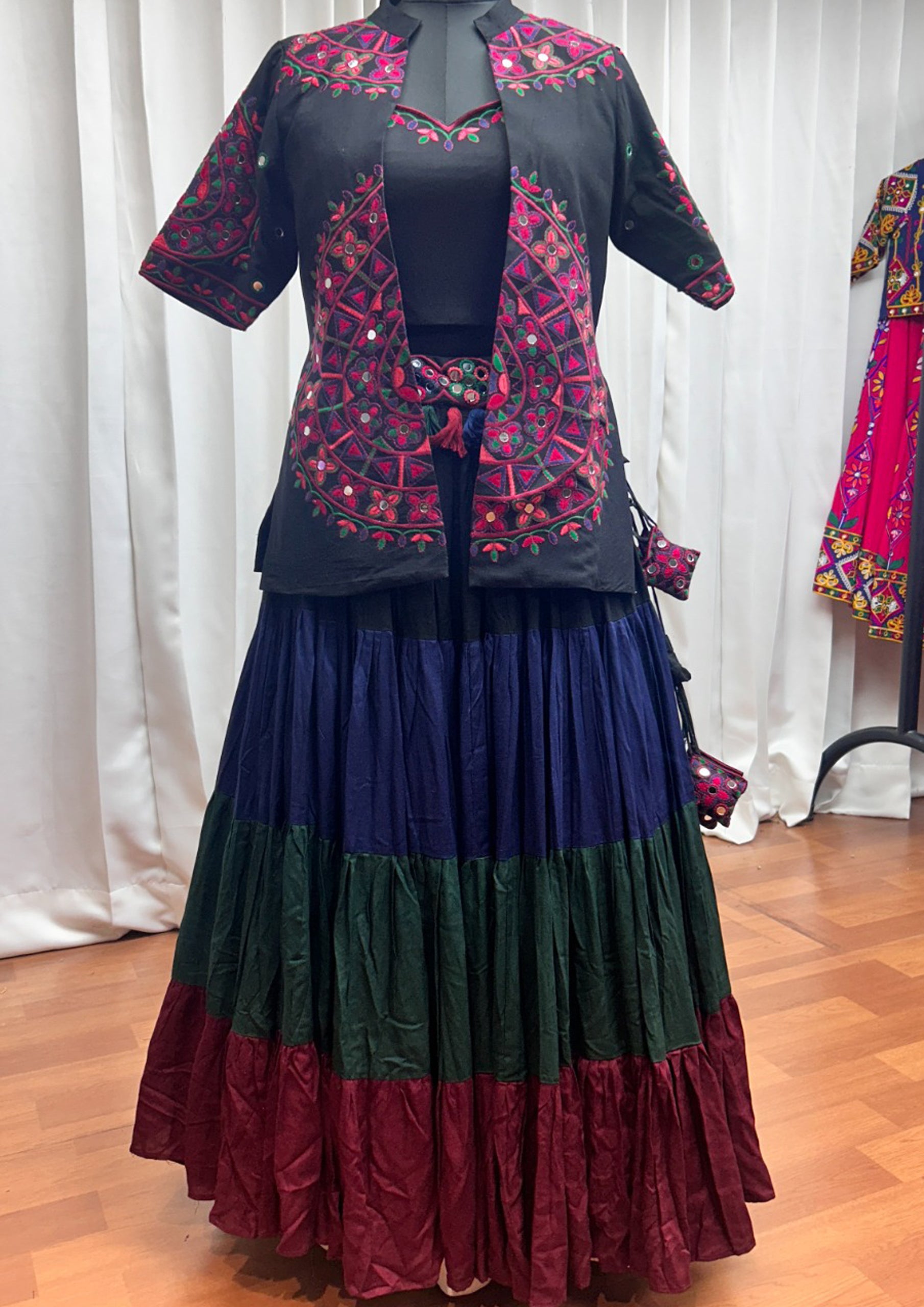 Multi Color Viscose Rayon Embroidered Navratri Lehenga With Jacket