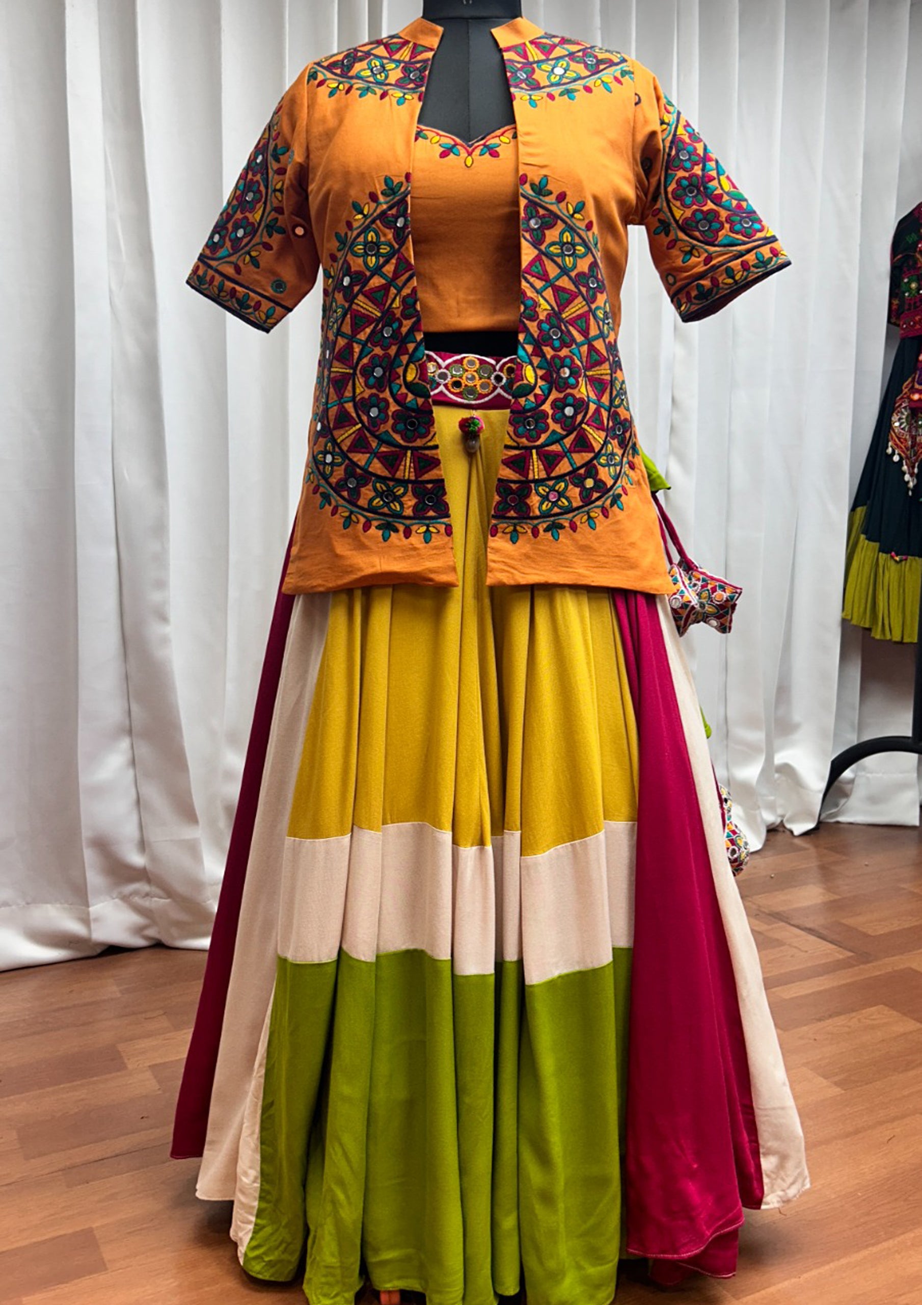 Multi Color Viscose Rayon Embroidered Navratri Lehenga With Jacket