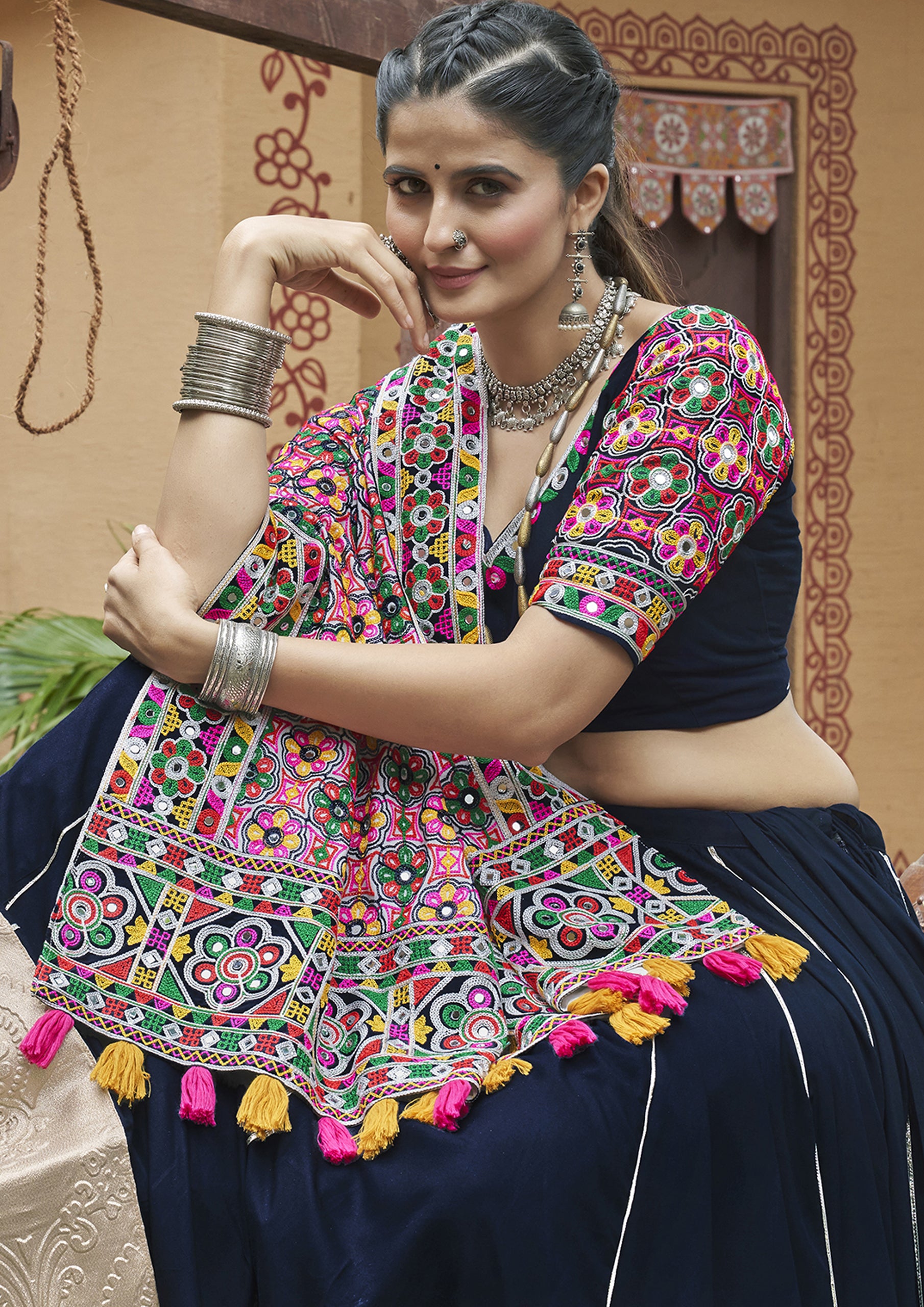 Navy Blue Color Viscose Rayon Embroidered Lehenga For Navratri