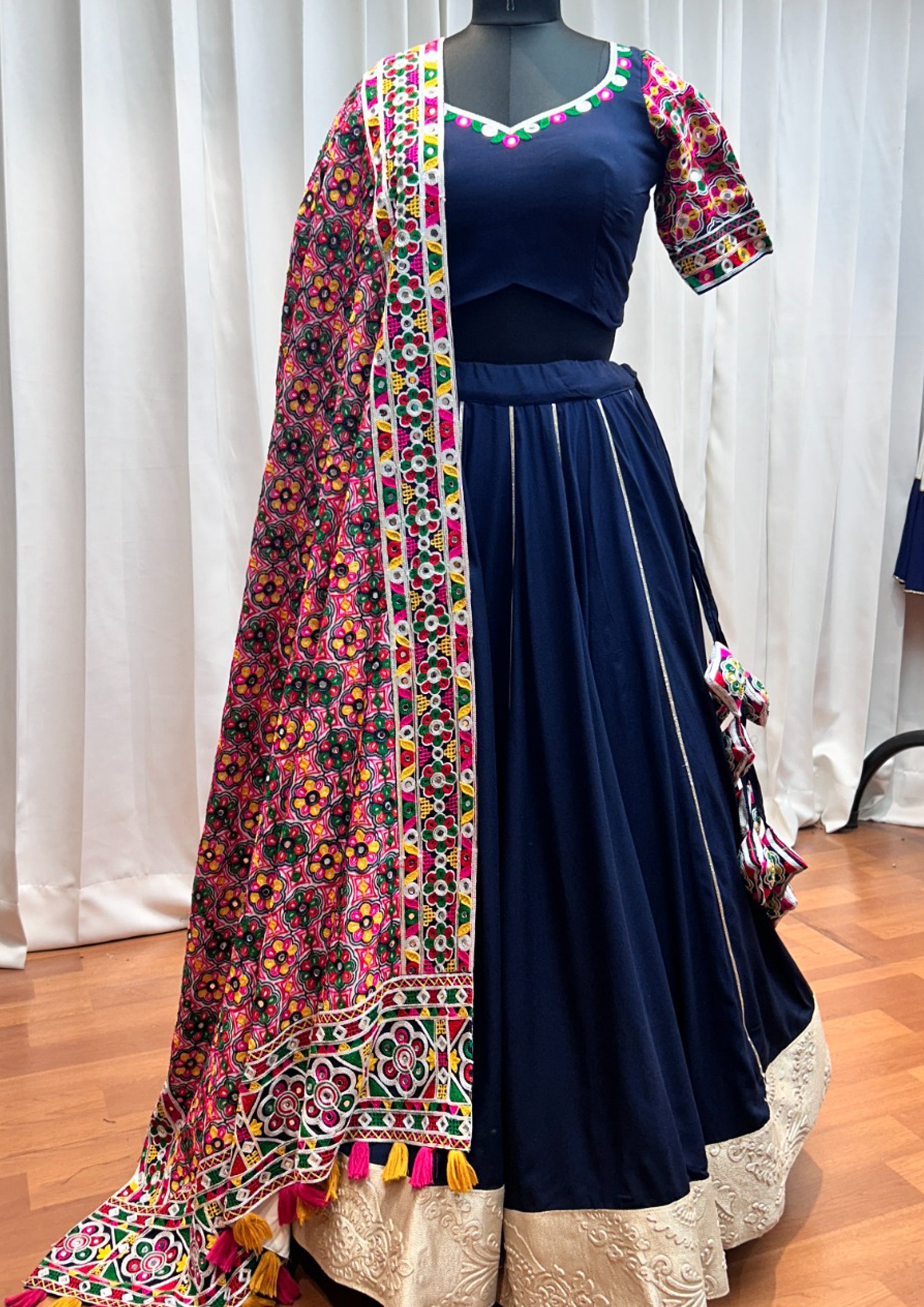Navy Blue Color Viscose Rayon Embroidered Lehenga For Navratri