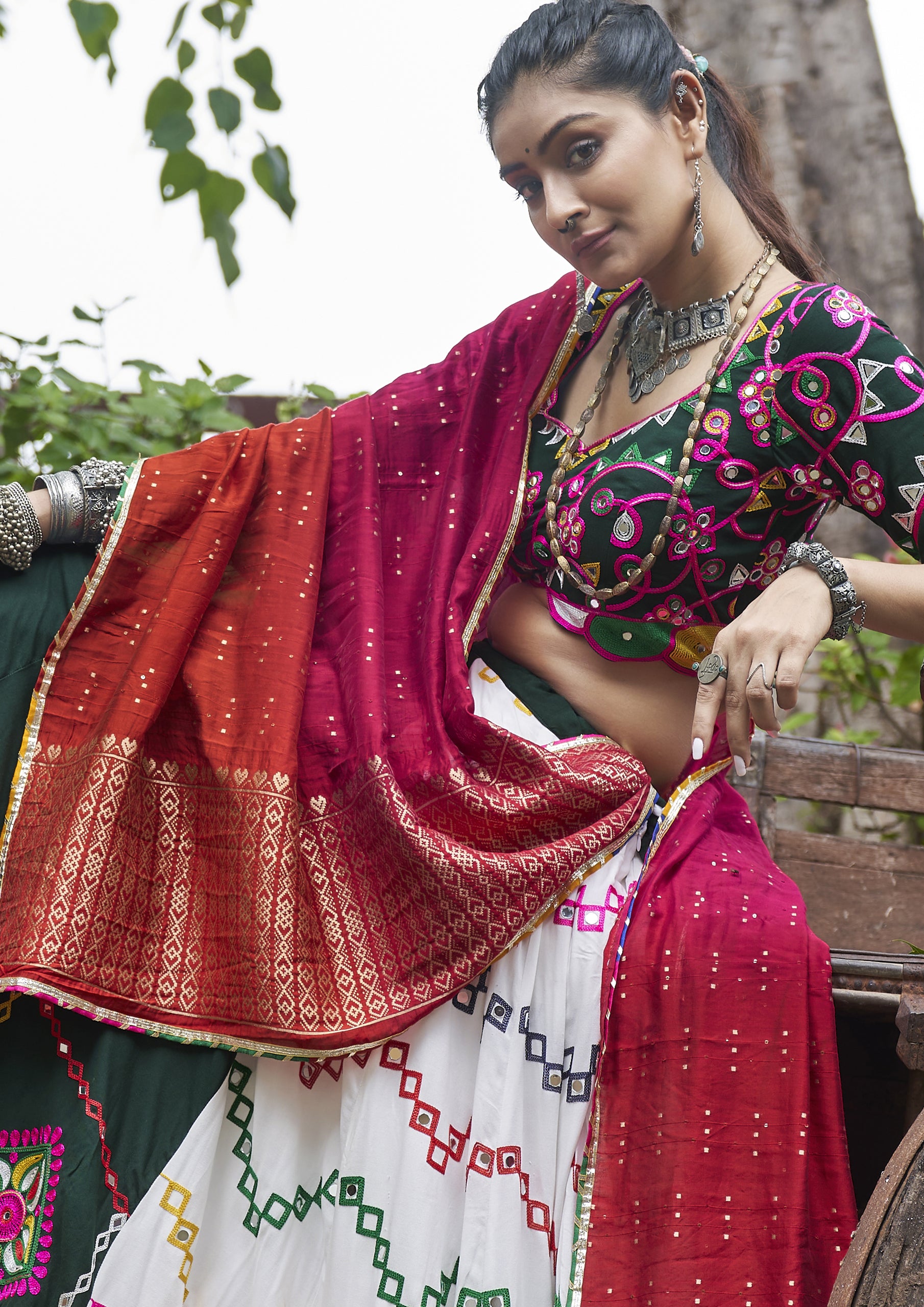 Multi Color Viscose Rayon Embroidered Navratri Lehenga