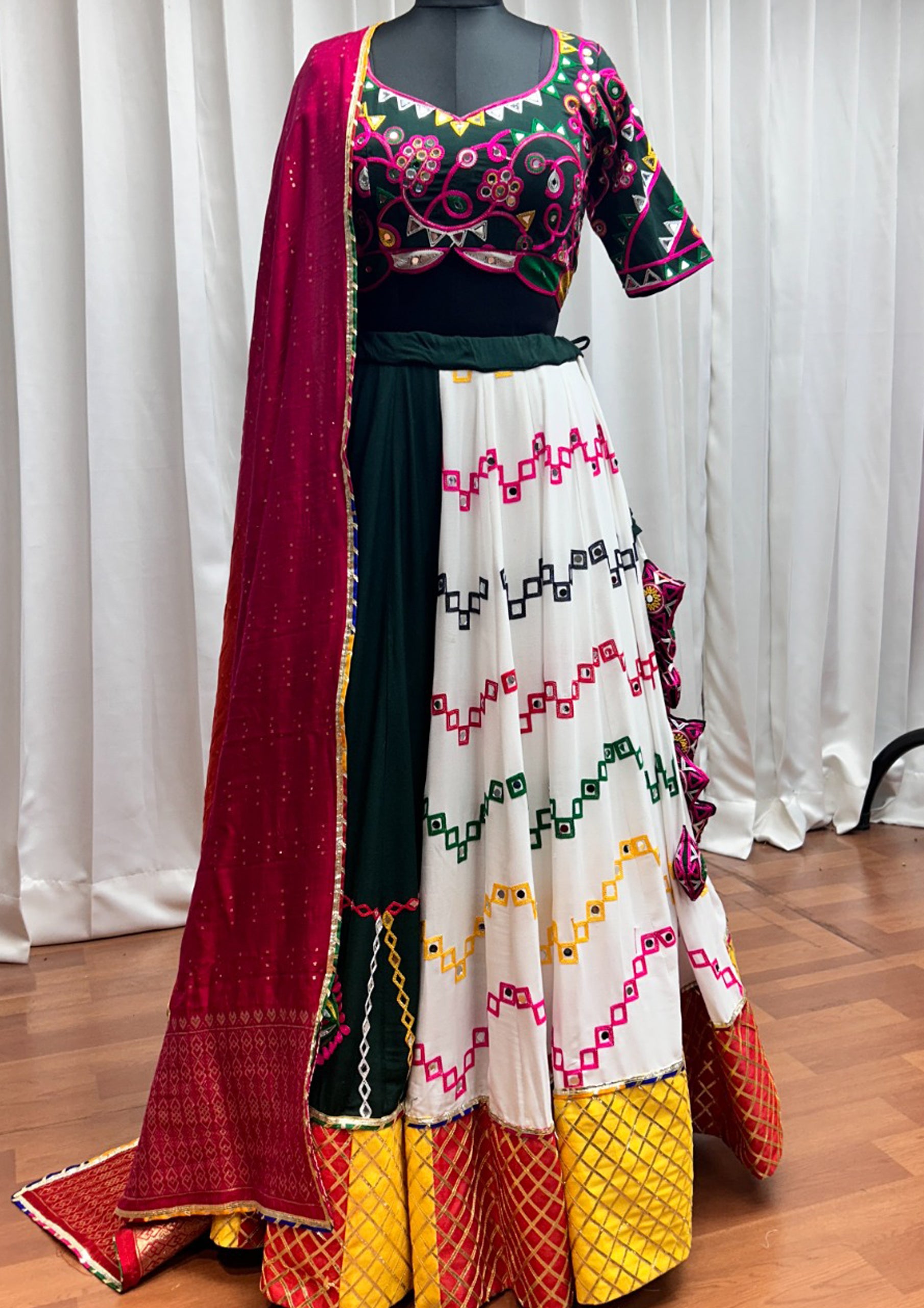 Multi Color Viscose Rayon Embroidered Navratri Lehenga