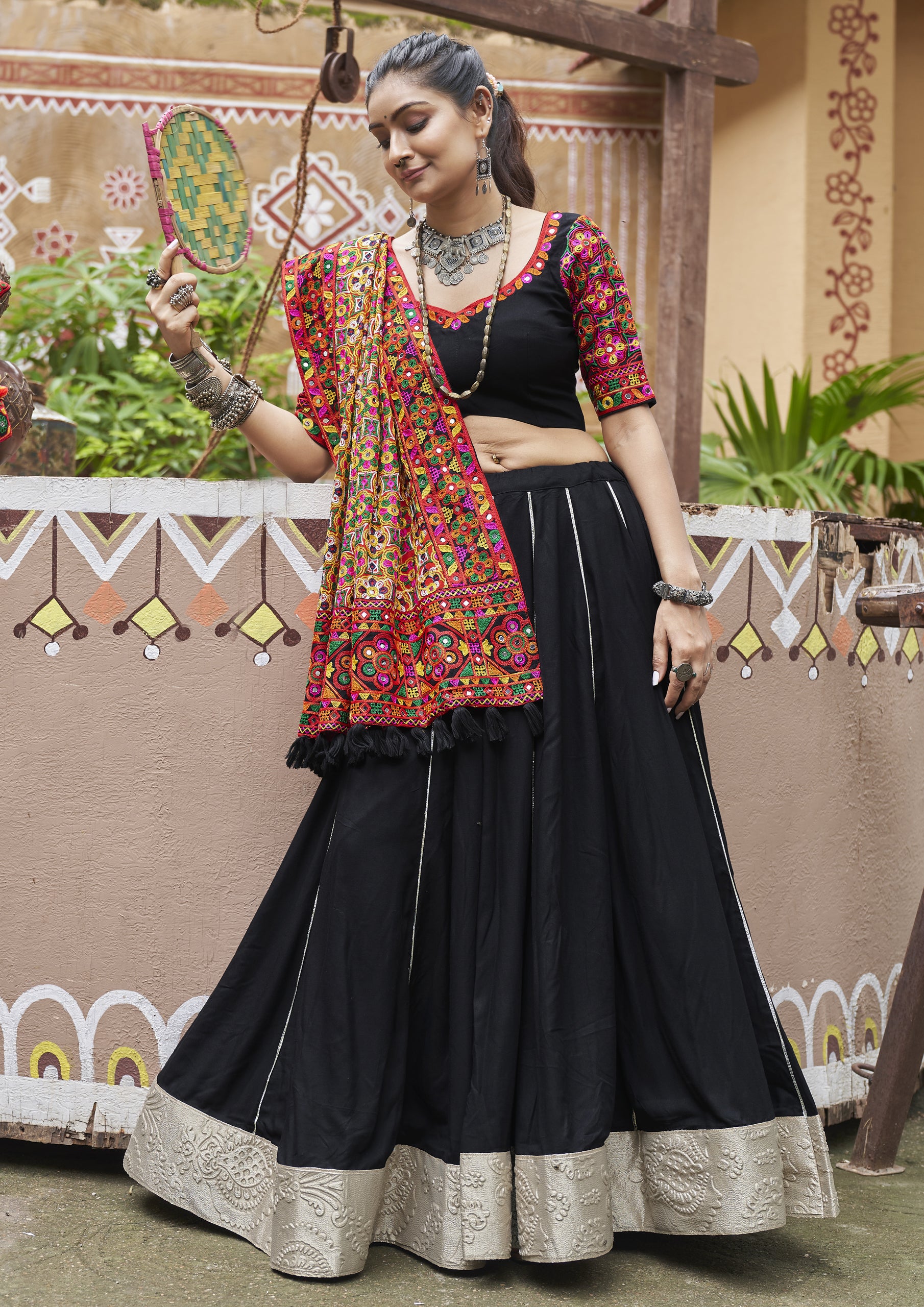 Black Color Viscose Rayon Embroidered Garba Wear Lehenga