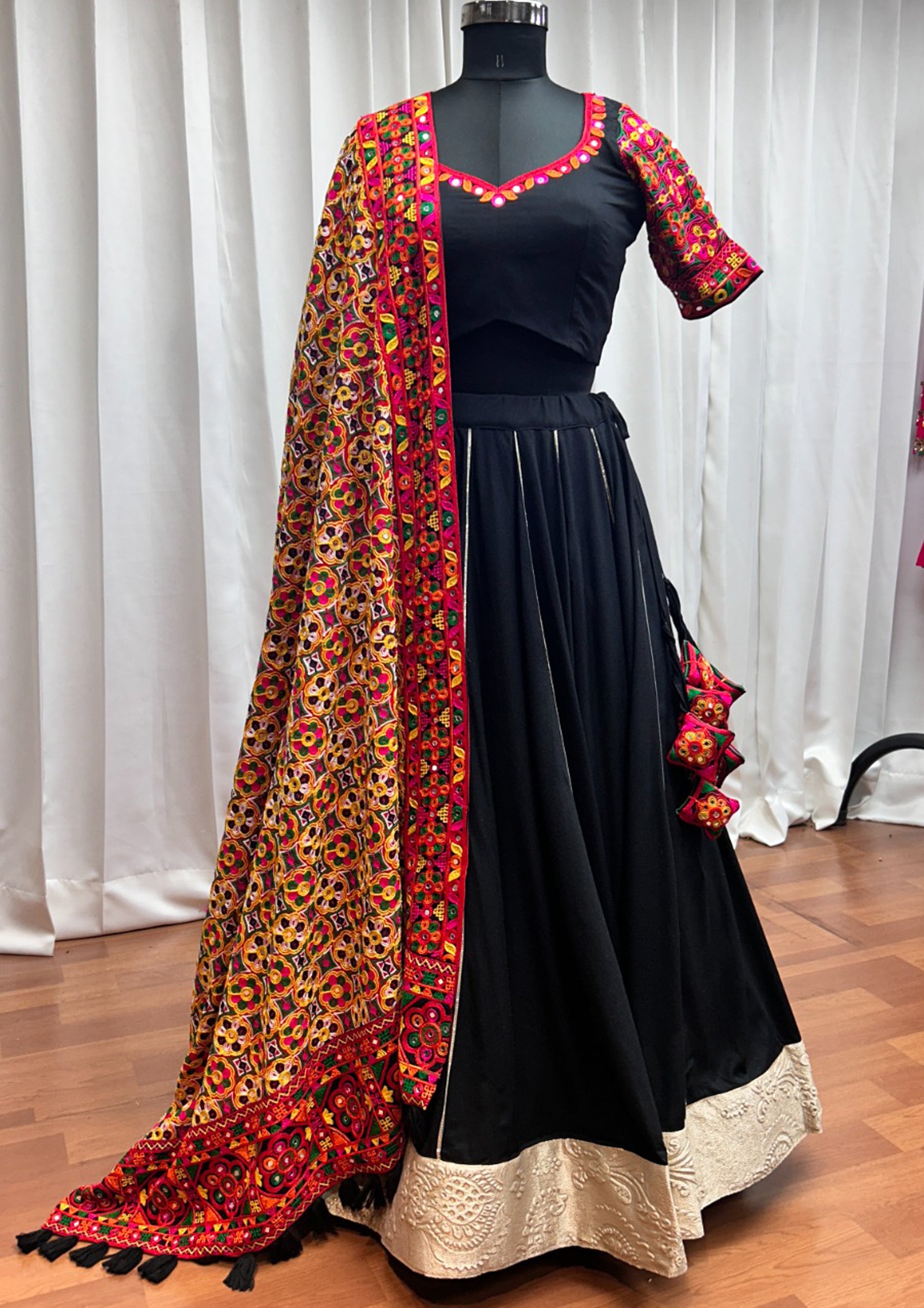 Black Color Viscose Rayon Embroidered Garba Wear Lehenga