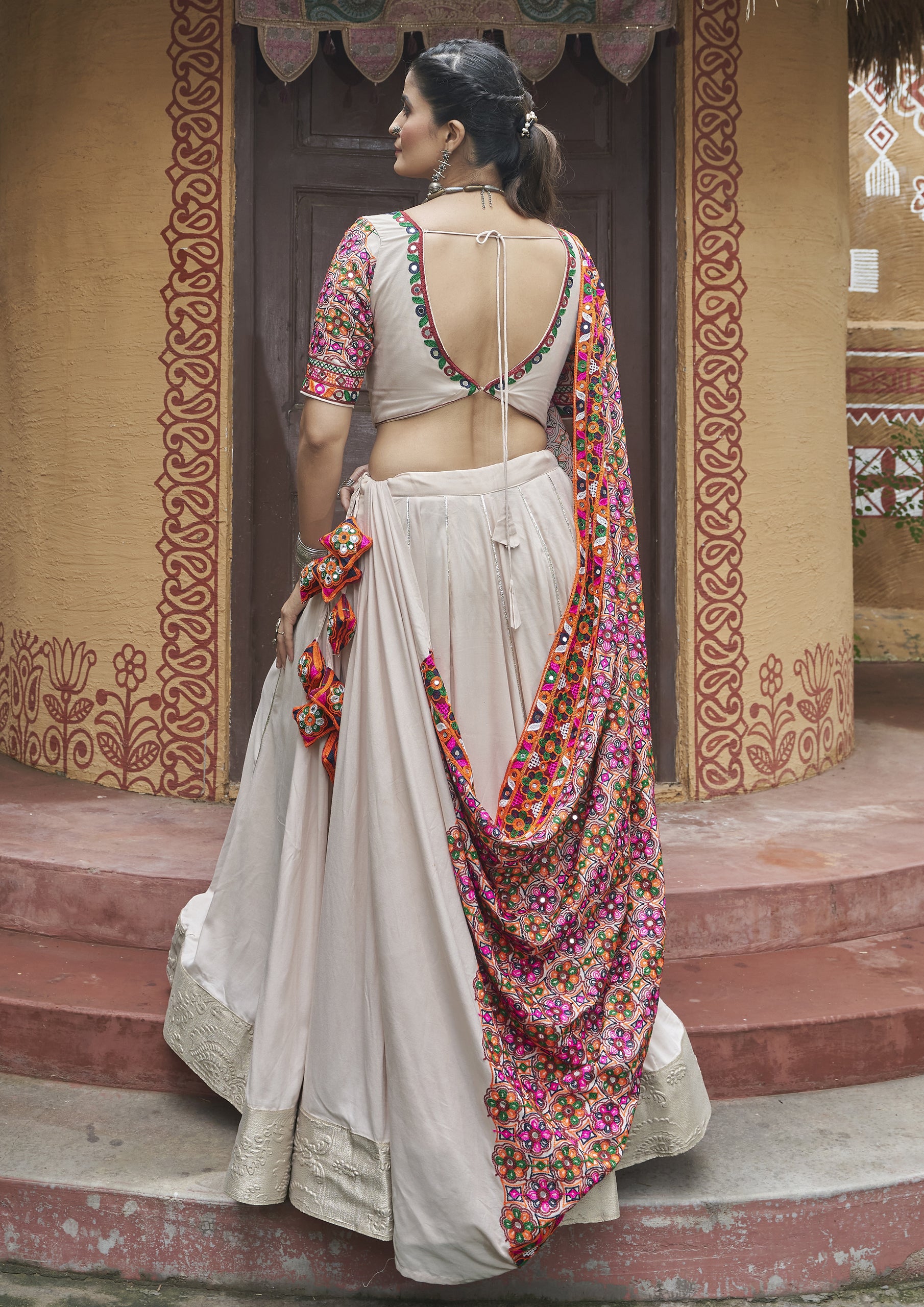 Beige Color Viscose Rayon Embroidered Garba Wear Lehenga