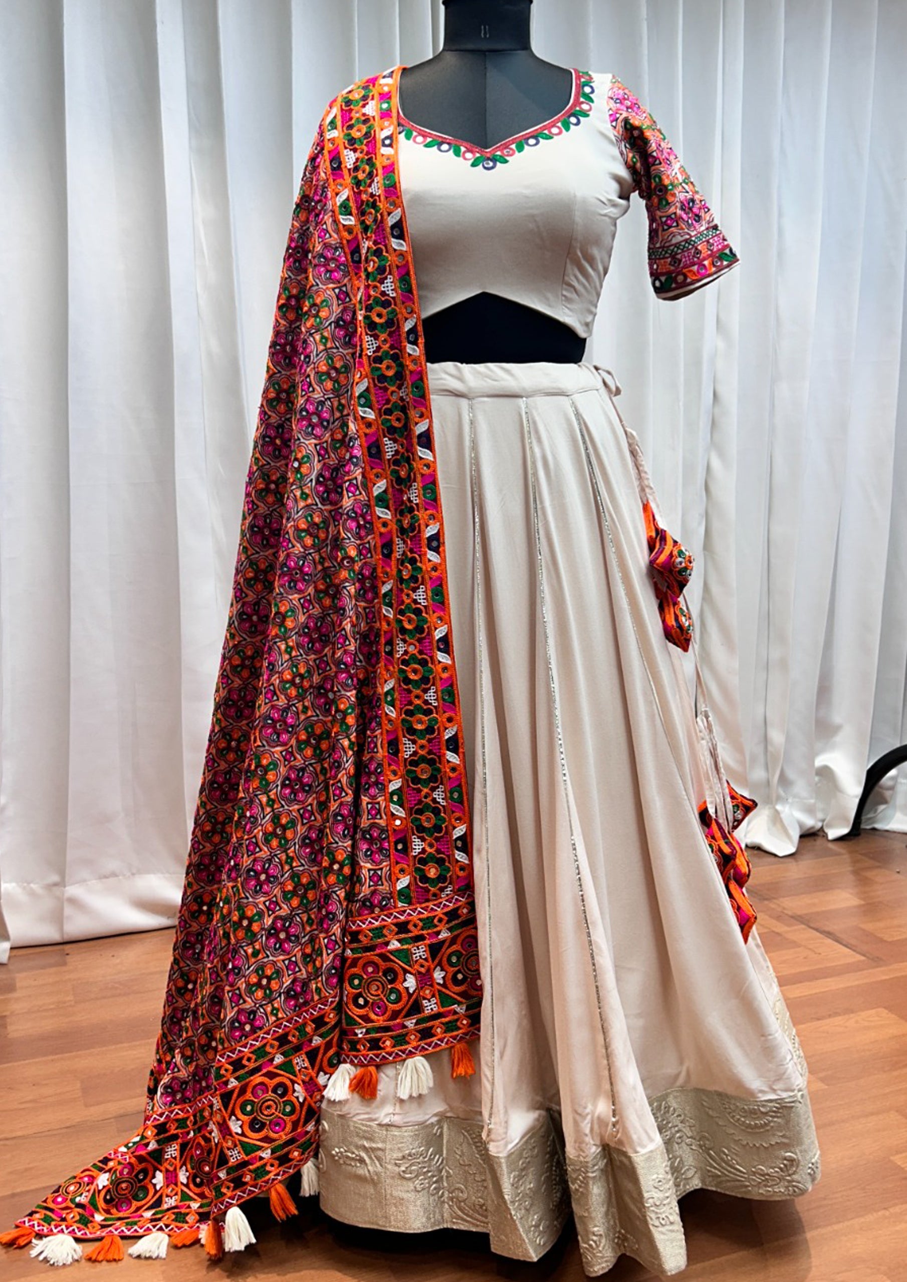 Beige Color Viscose Rayon Embroidered Garba Wear Lehenga