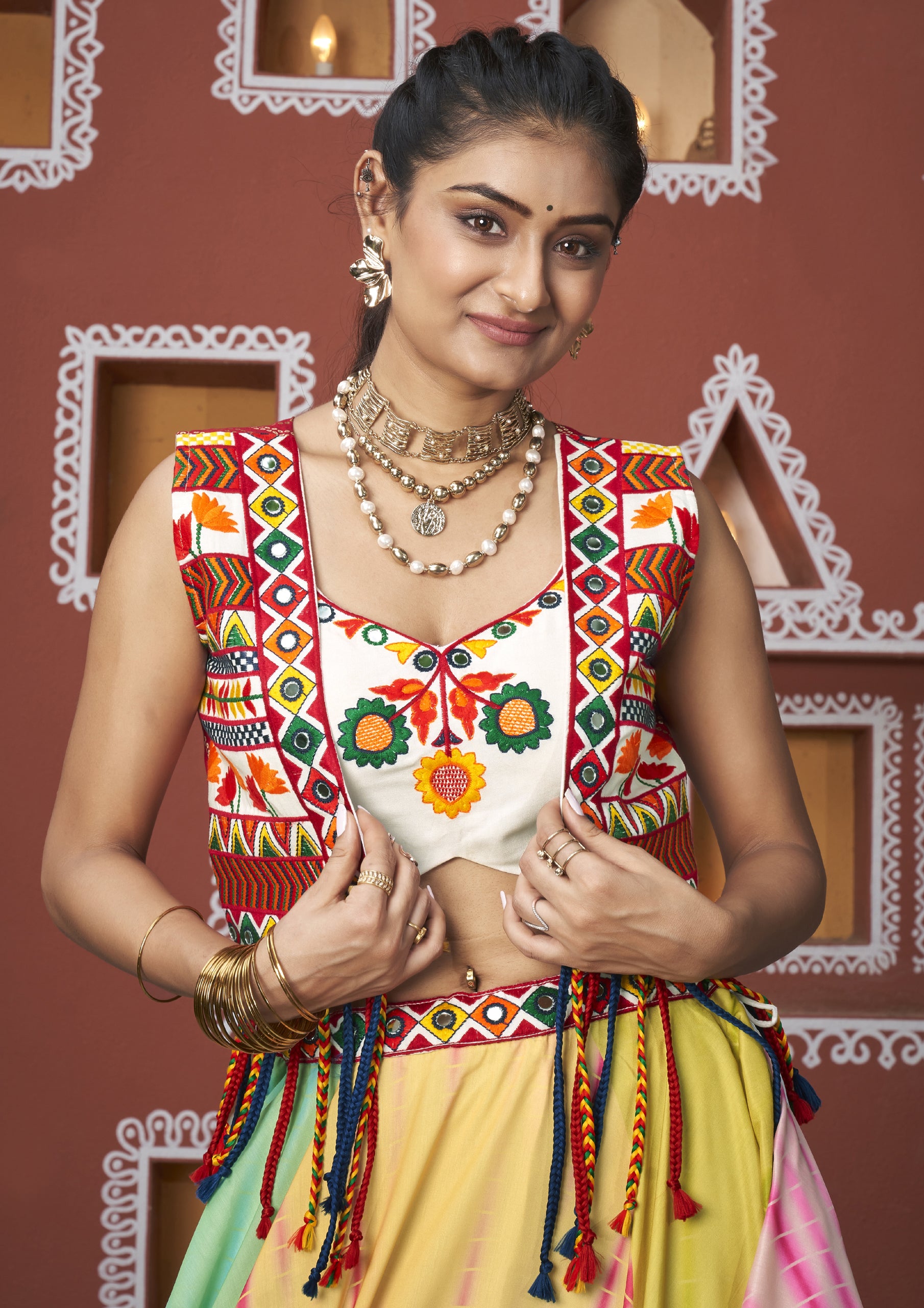 Multi Color Maska Silk Embroidered Navratri Lehenga With Jacket