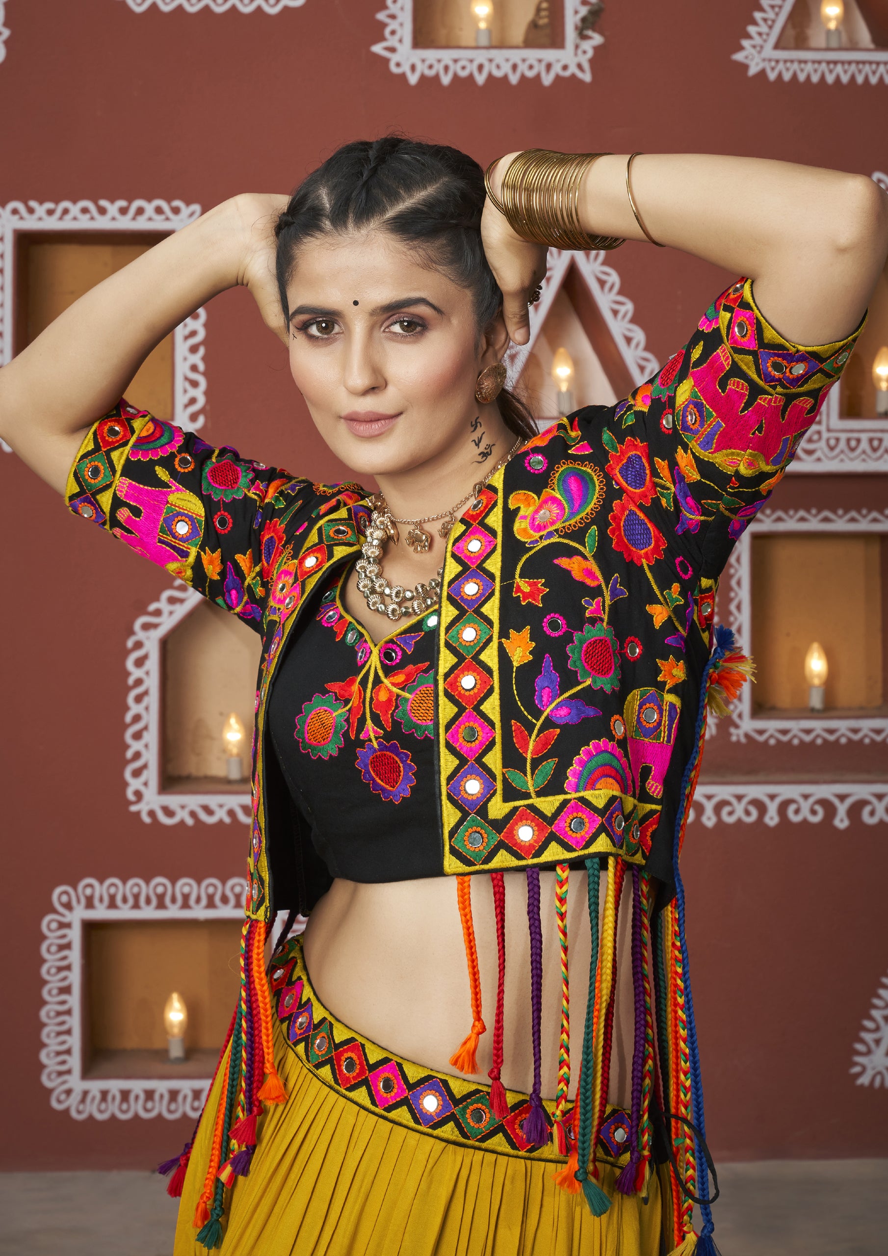 Black And Yellow Color Maska Silk Embroidered Navratri Lehenga With Jacket