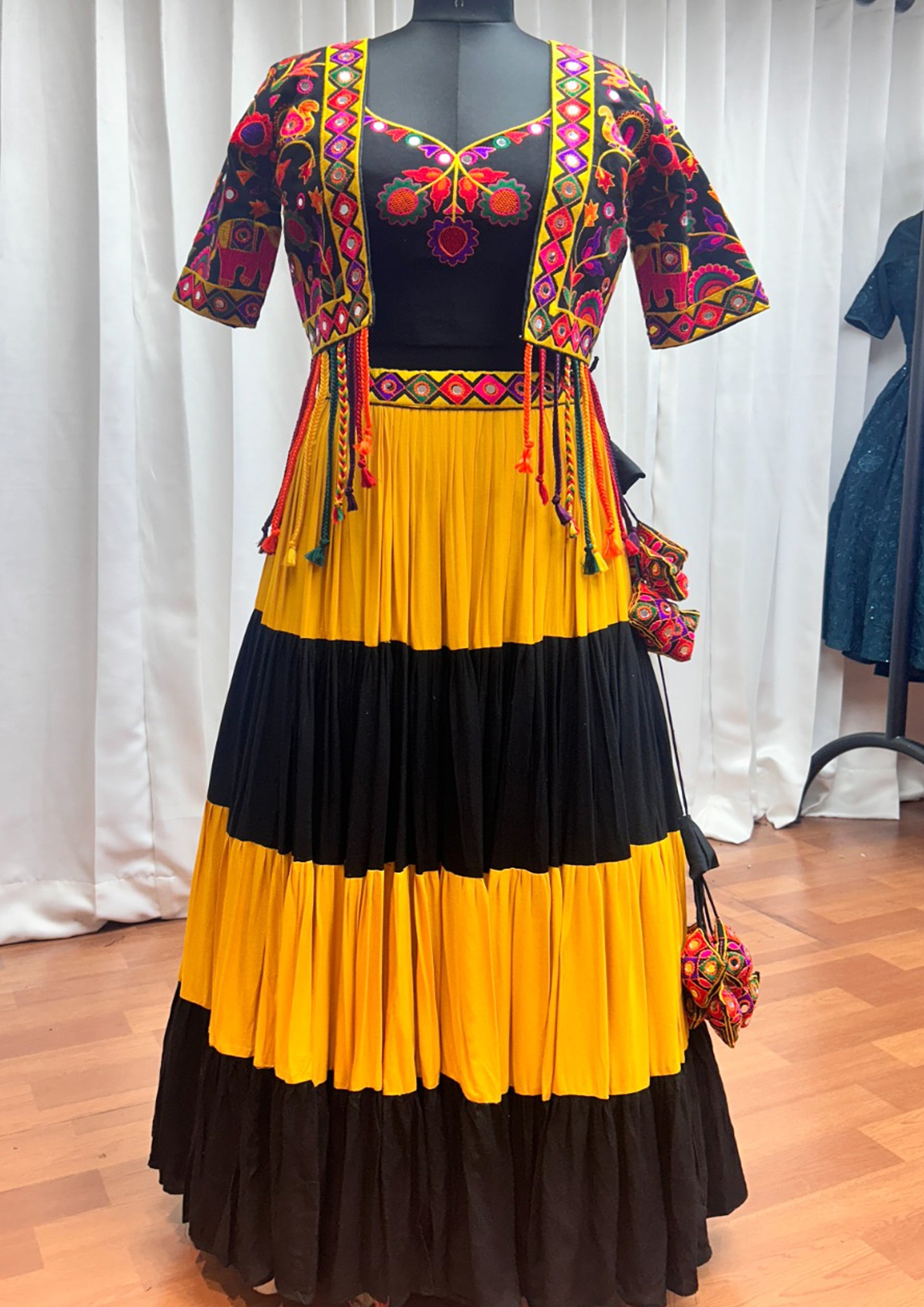 Black And Yellow Color Maska Silk Embroidered Navratri Lehenga With Jacket