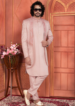 Peach Color Art Silk Embroidered Indowestern