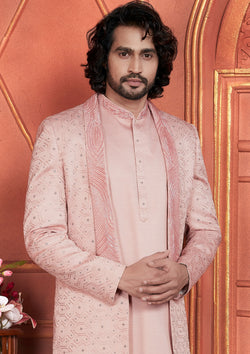 Peach Color Art Silk Embroidered Indowestern