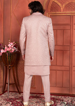 Peach Color Art Silk Embroidered Indowestern