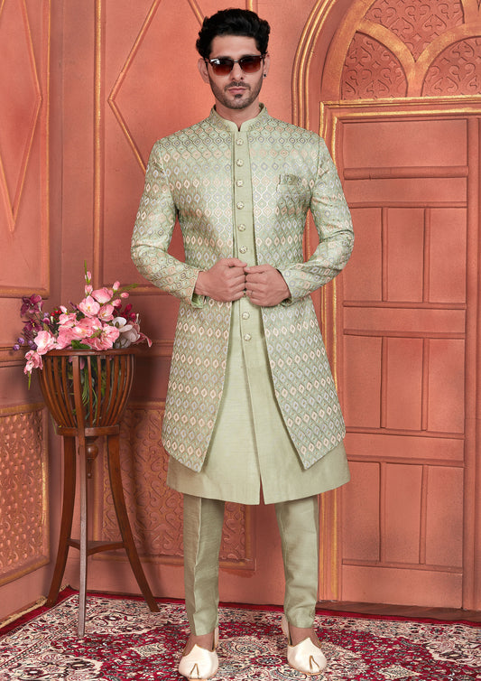 Adorable pista green Color Art Silk Embroidered Indowestern