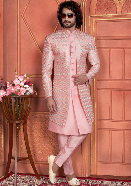 Regal Pink Color Art Silk Embroidered Indowestern