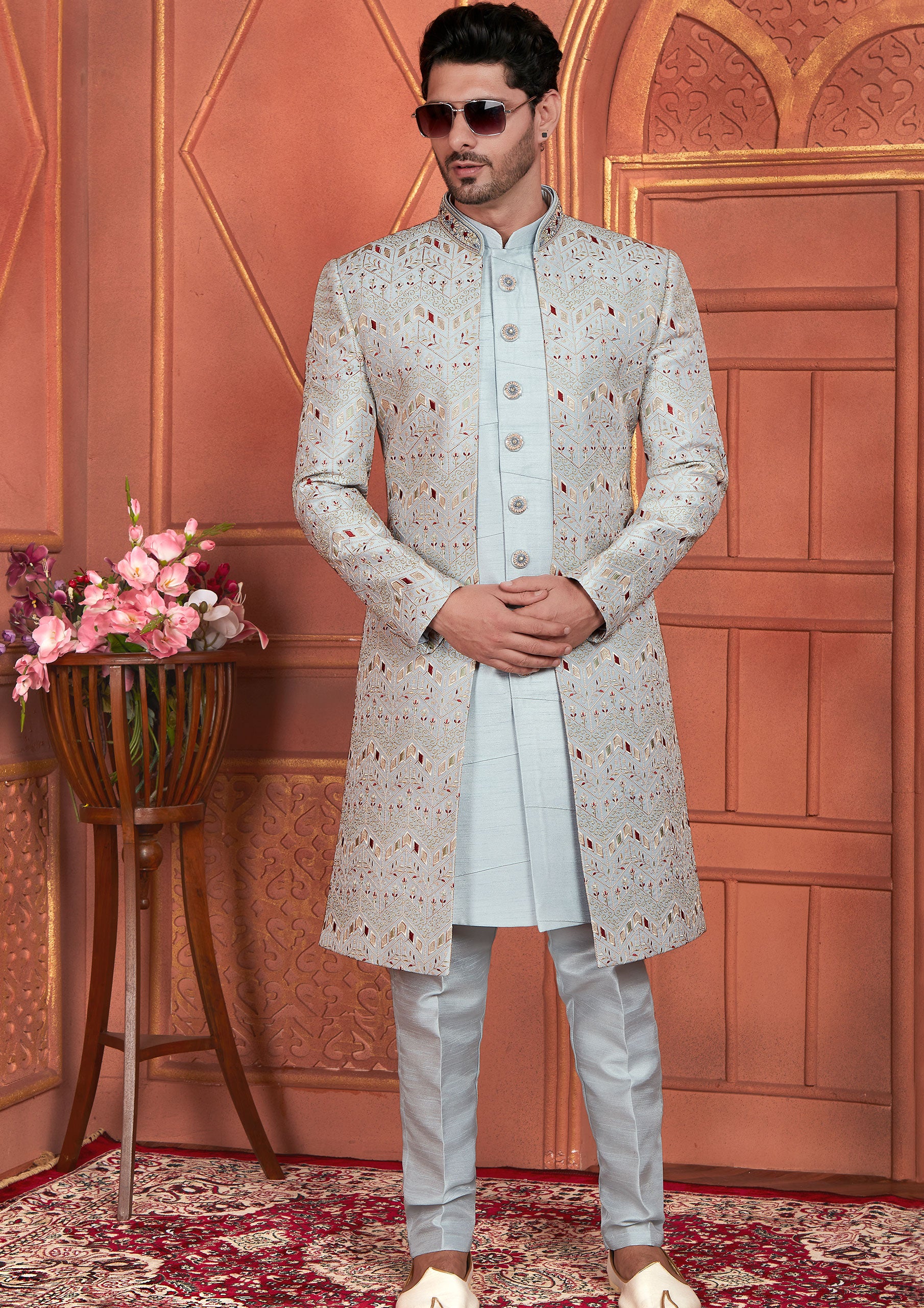 Stylish grey Color Art Silk Embroidered Indowestern