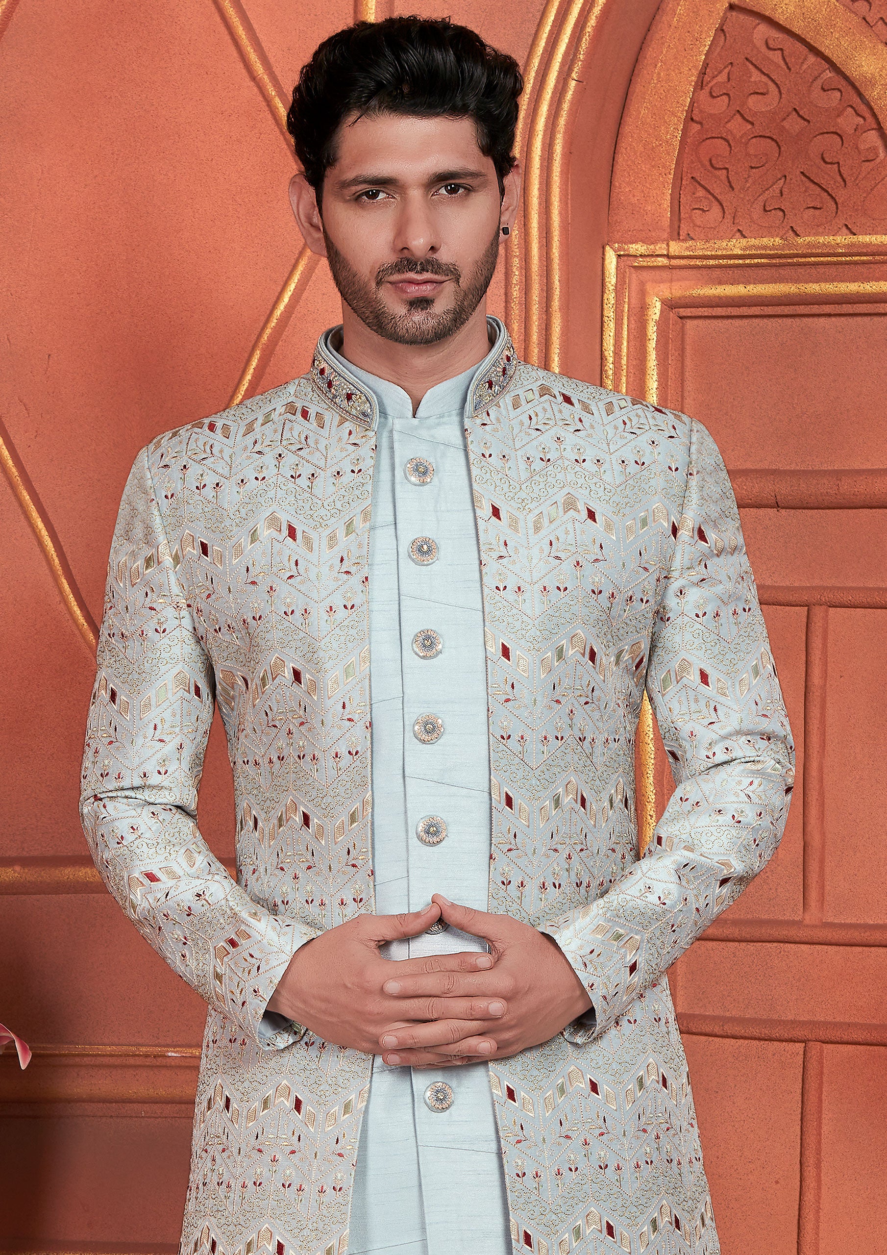 Stylish grey Color Art Silk Embroidered Indowestern