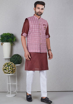 Brown Color Jacquard Silk Kurta With Printed Nehru Jacket