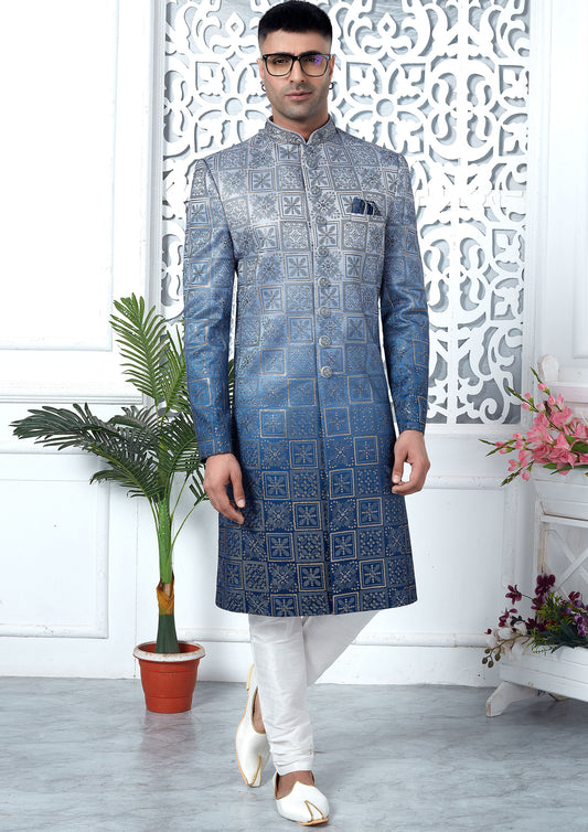 Dual Tone Blue Color Art Silk Thread Embroidered Sherwani
