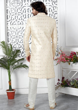 Adorable Cream Color Art Silk Thread Embroidered Sherwani