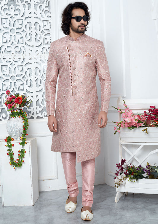 Bold Pink Color Art Silk Thread Embroidered Sherwani