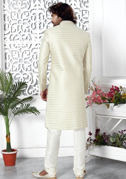 Fancy Cream Color Art Silk Thread Embroidered Sherwani