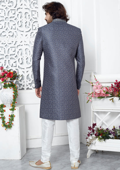 Grey Color Art Silk Thread Embroidered Sherwani